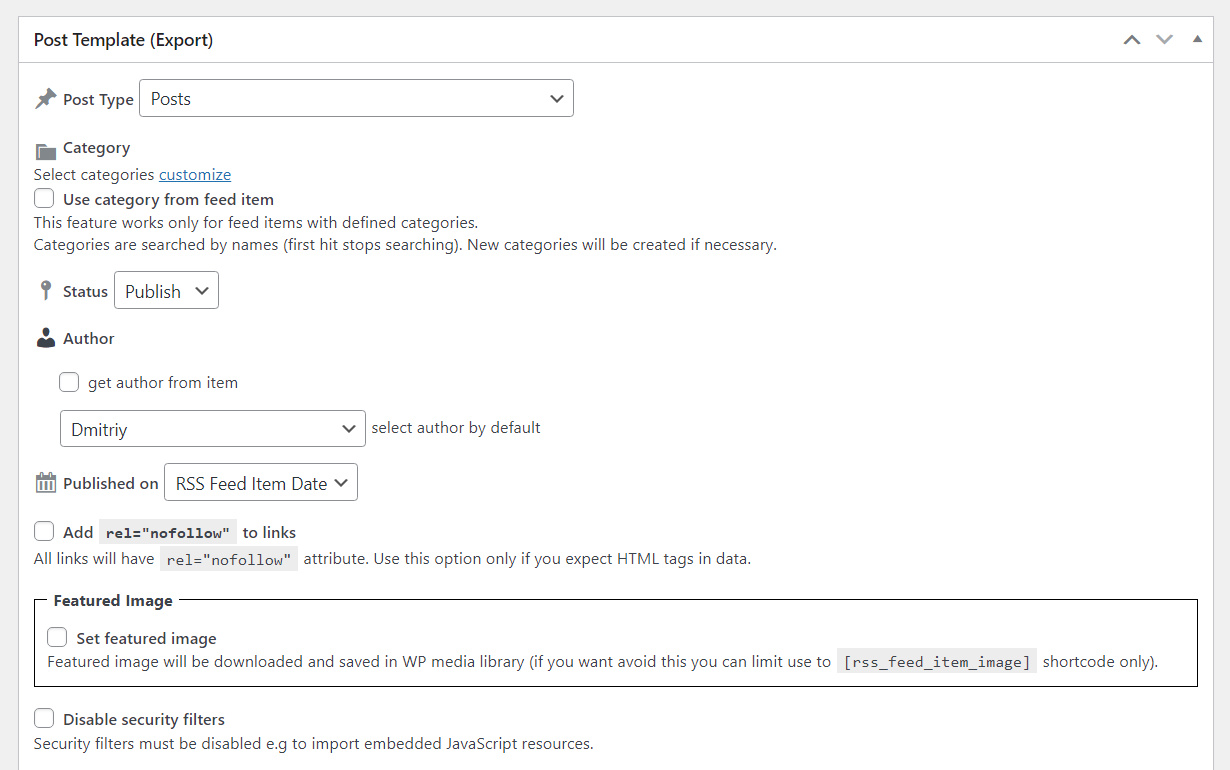 Post template settings - RSS Importer WordPress
