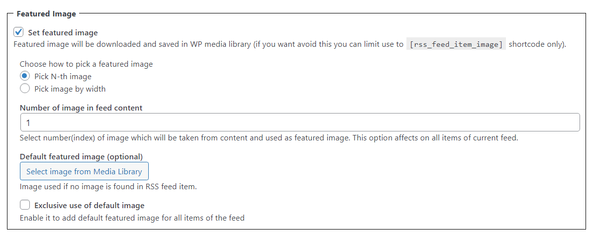 Featured image settings - RSS Importer WordPress