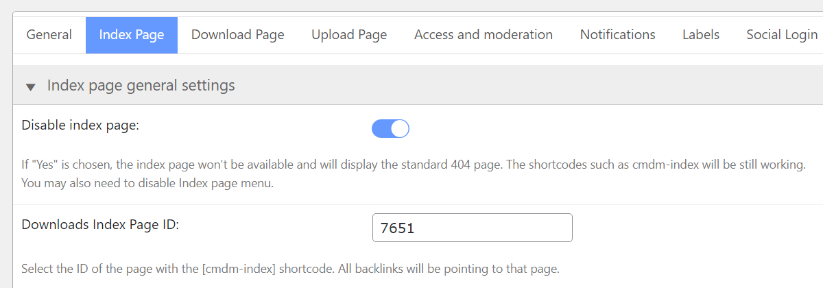 Index page settings - File Manager WordPress