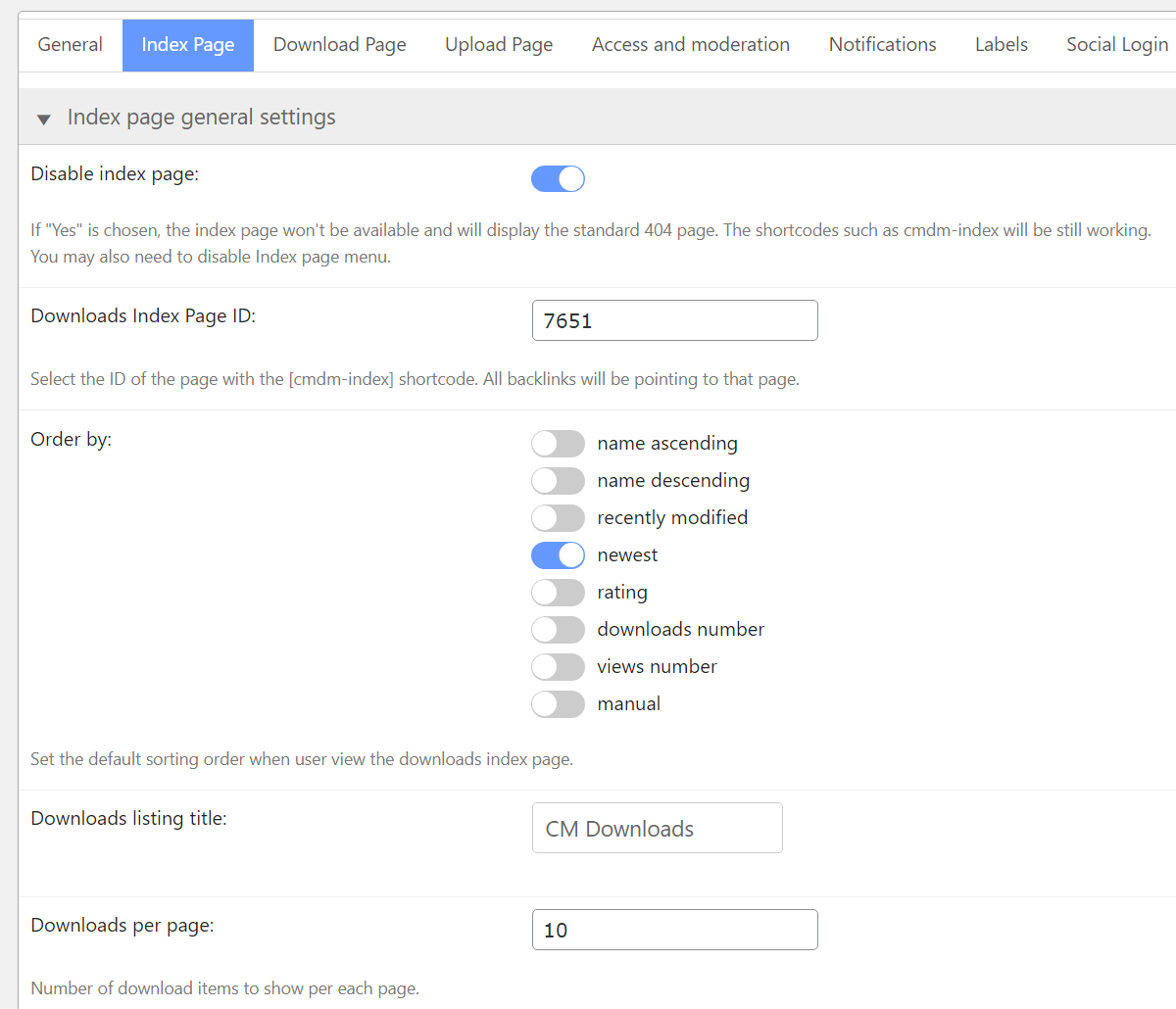 Index page general settings - File Manager WordPress