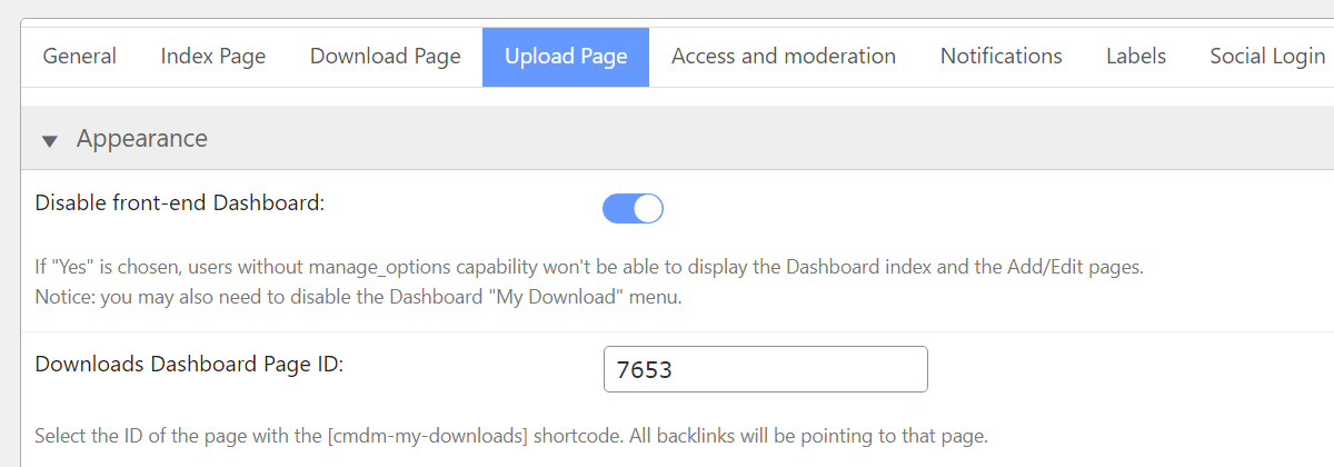 Dashboard page settings - WordPress File Manager Plugin