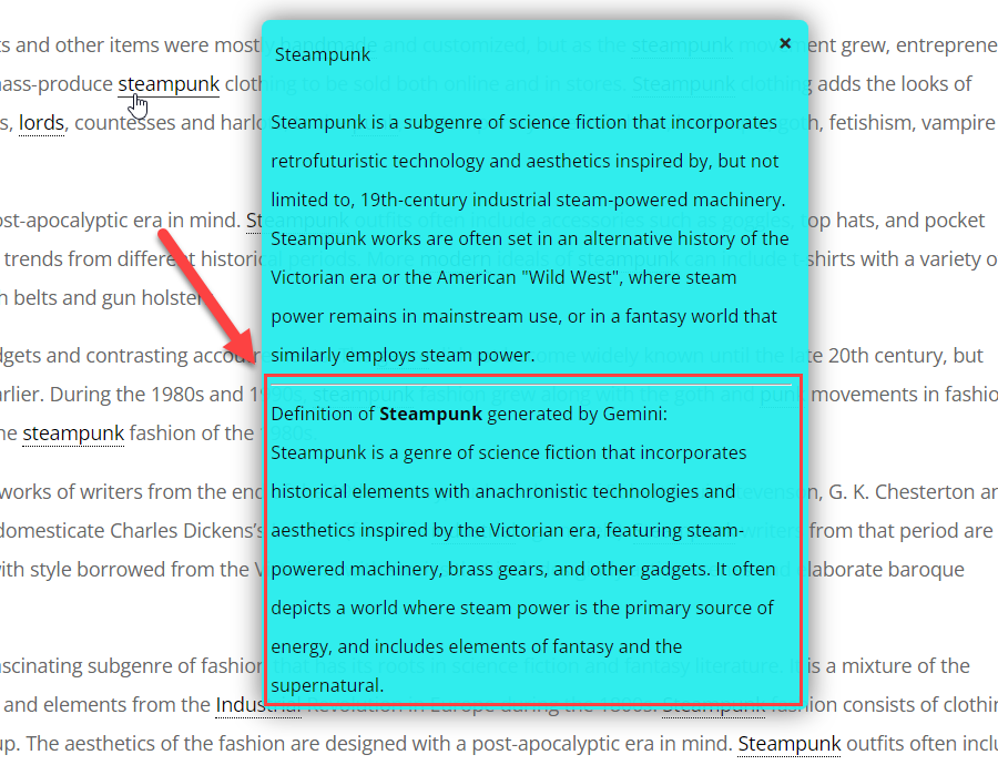 Example of the definition by Gemini in the tooltip - WordPress Internal Linking Plugin