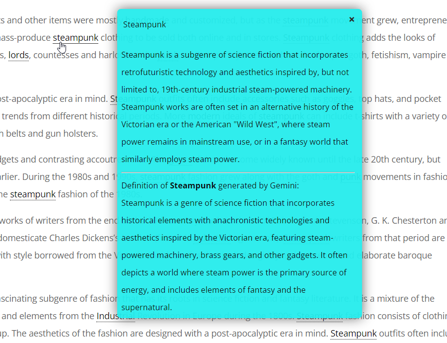 Example of displaying Gemini definition together with manually added definition - WordPress Knowledge Base Plugin