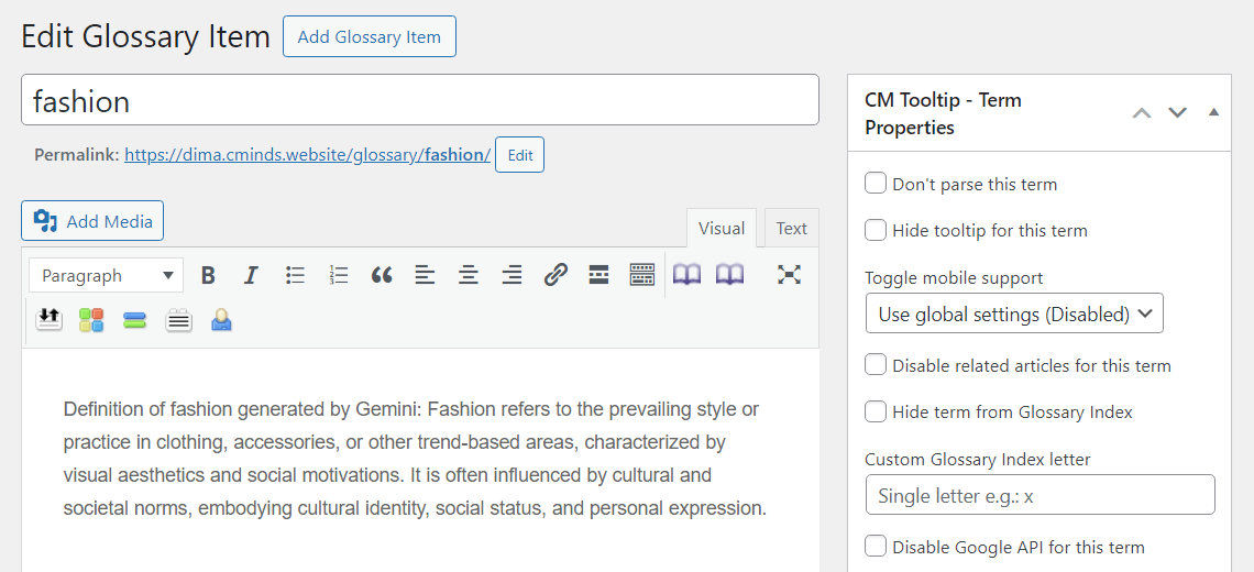 Stored term in the glossary - WordPress Internal Linking Plugin