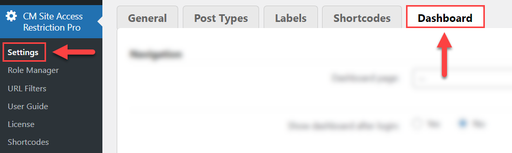 Navigation to the dashboard settings - Page Restriction WordPress