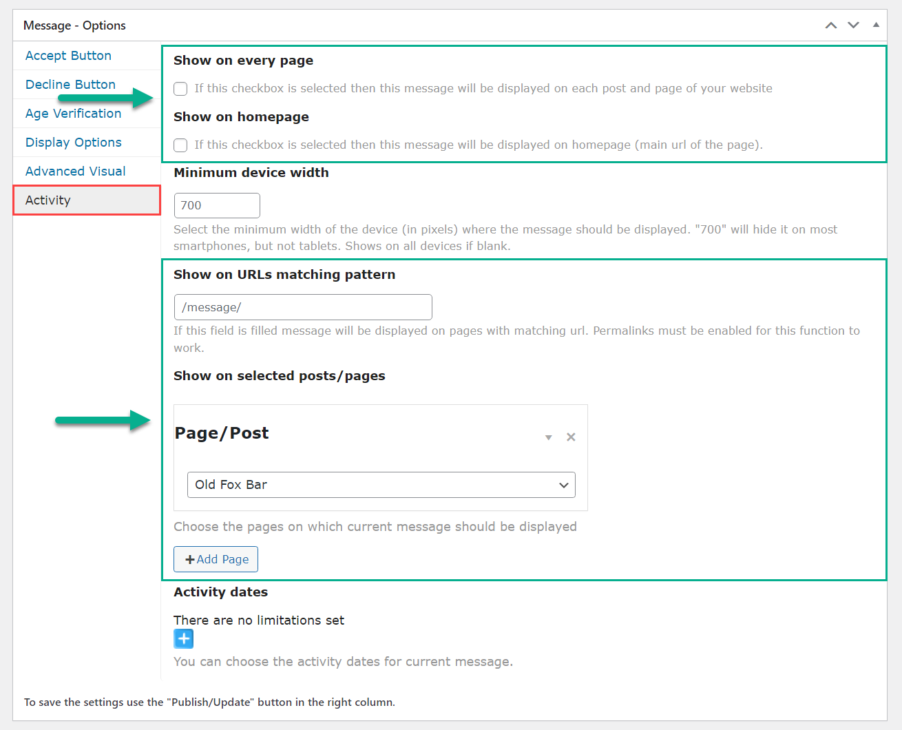 Activity settings - WordPress Cookies Notification Popup