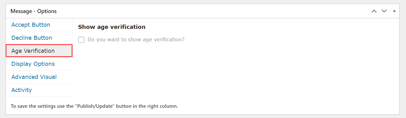 Age verification settings - Disclaimer Popup WordPress