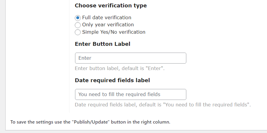 Full date verification settings - WordPress Disclaimer Page Plugin