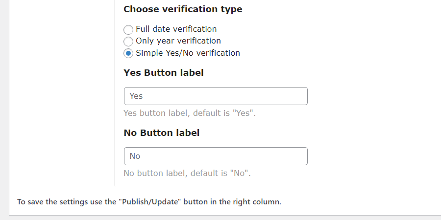 Simple Yes/No verification settings - WordPress Plugin Legal Disclaimer