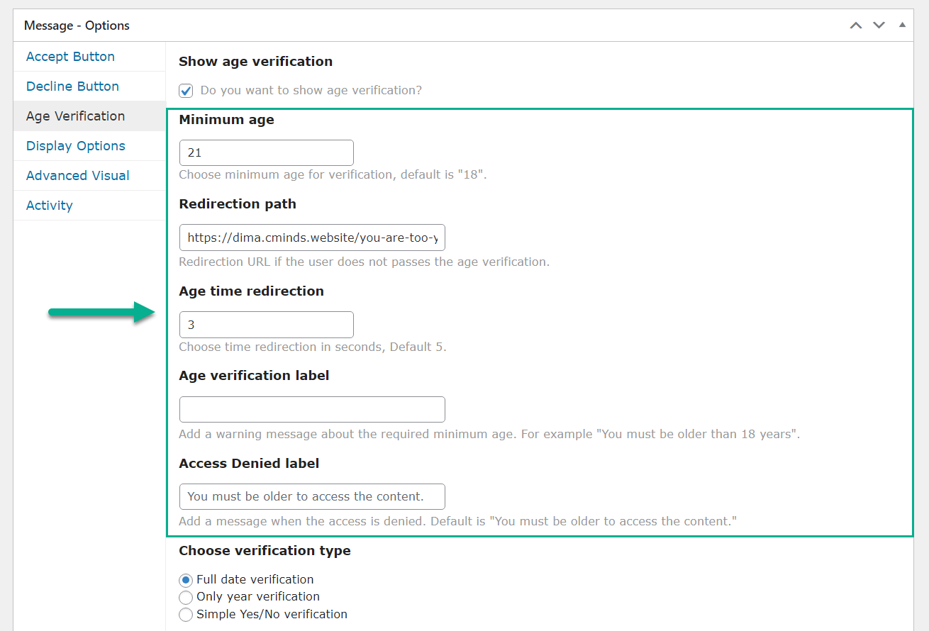 Base age verification settings - Disclaimer Plugin WordPress