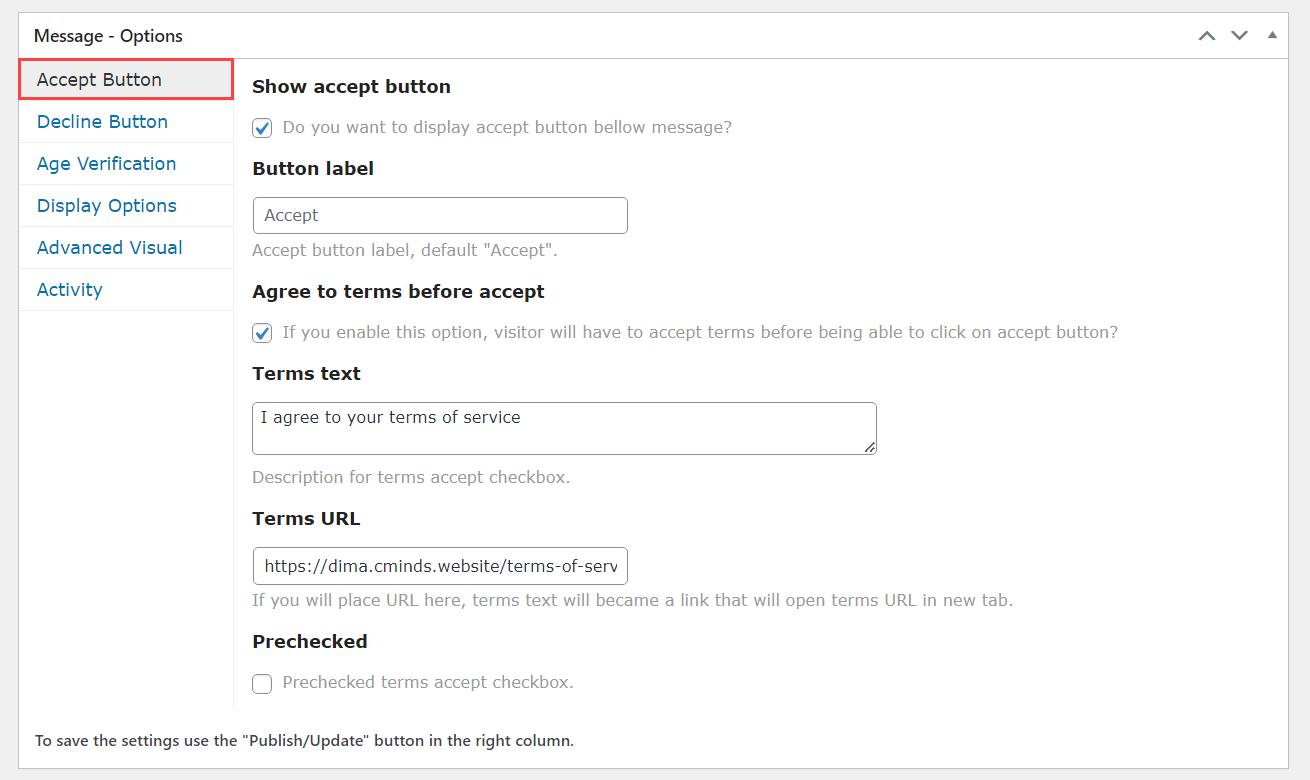 Accept button settings - WordPress Cookies Notification Popup