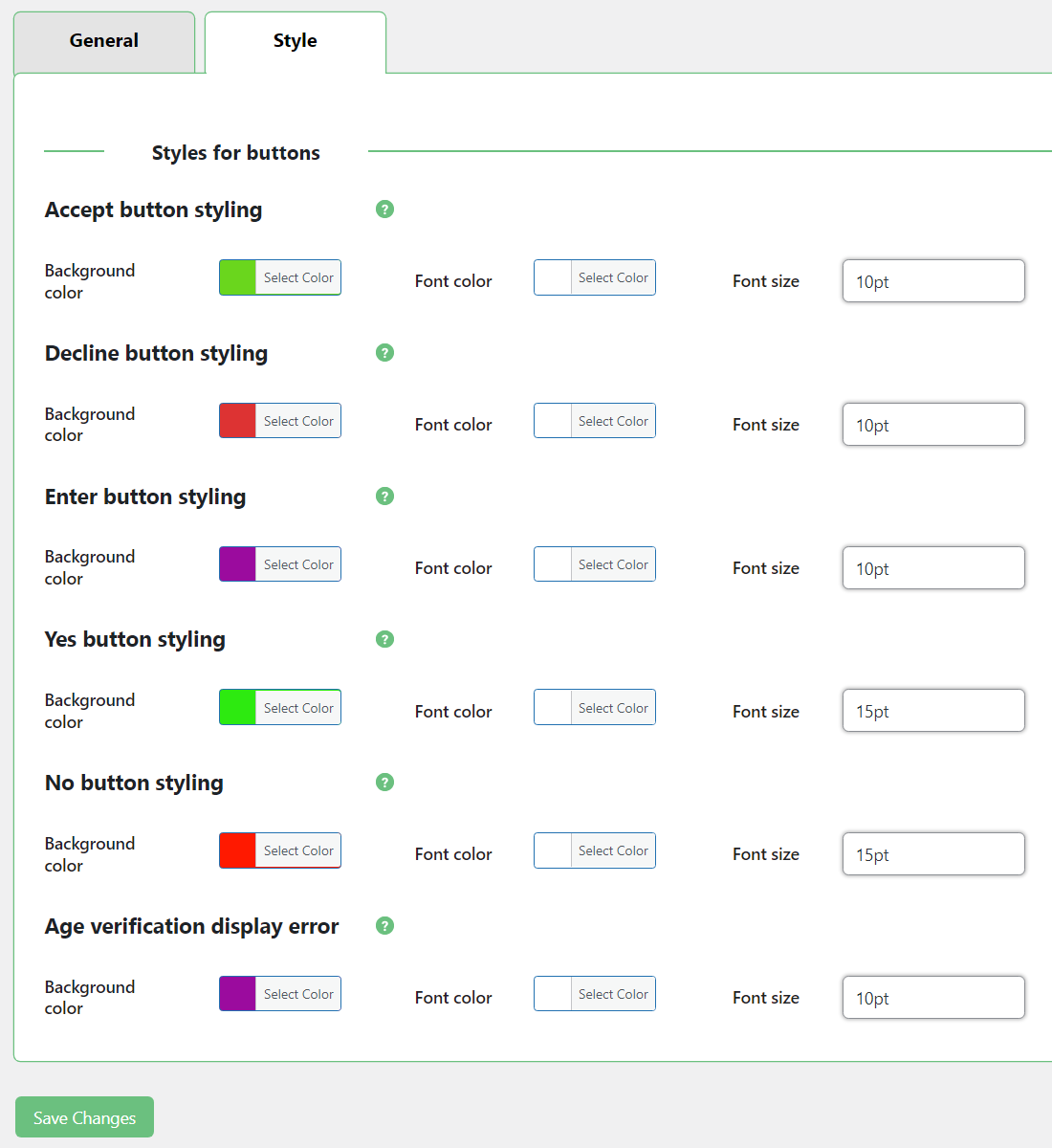 Style settings - Disclaimer Plugin WordPress