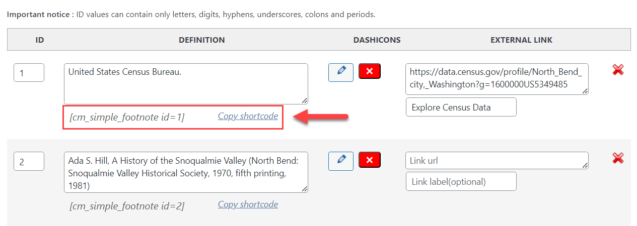 Copying the footnote shortcode - Footnotes WordPress