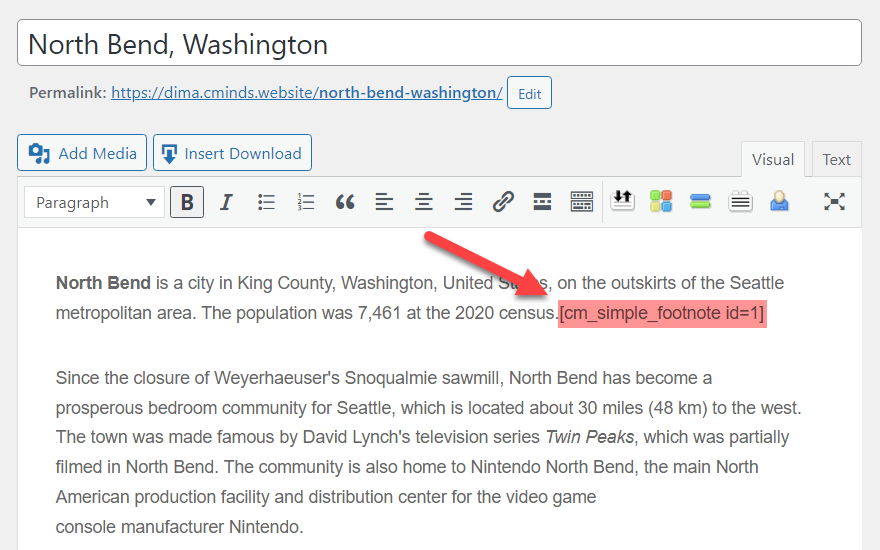 Placing footnote link to the content - Footnotes In WordPress