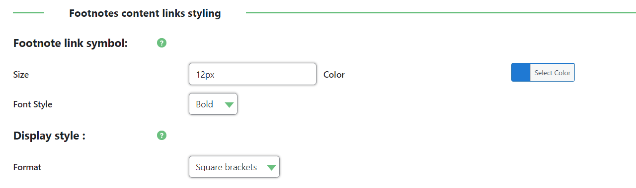 Footnotes content links styling settings - Footnotes WordPress