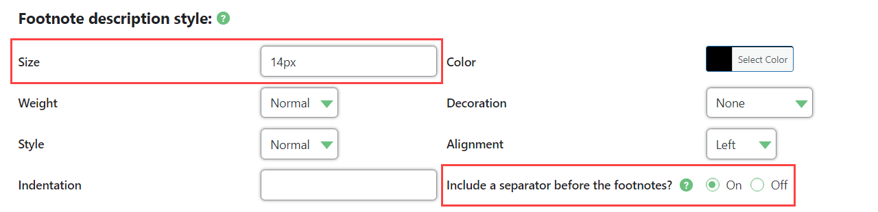 Footnote description style settings - WordPress Footnotes