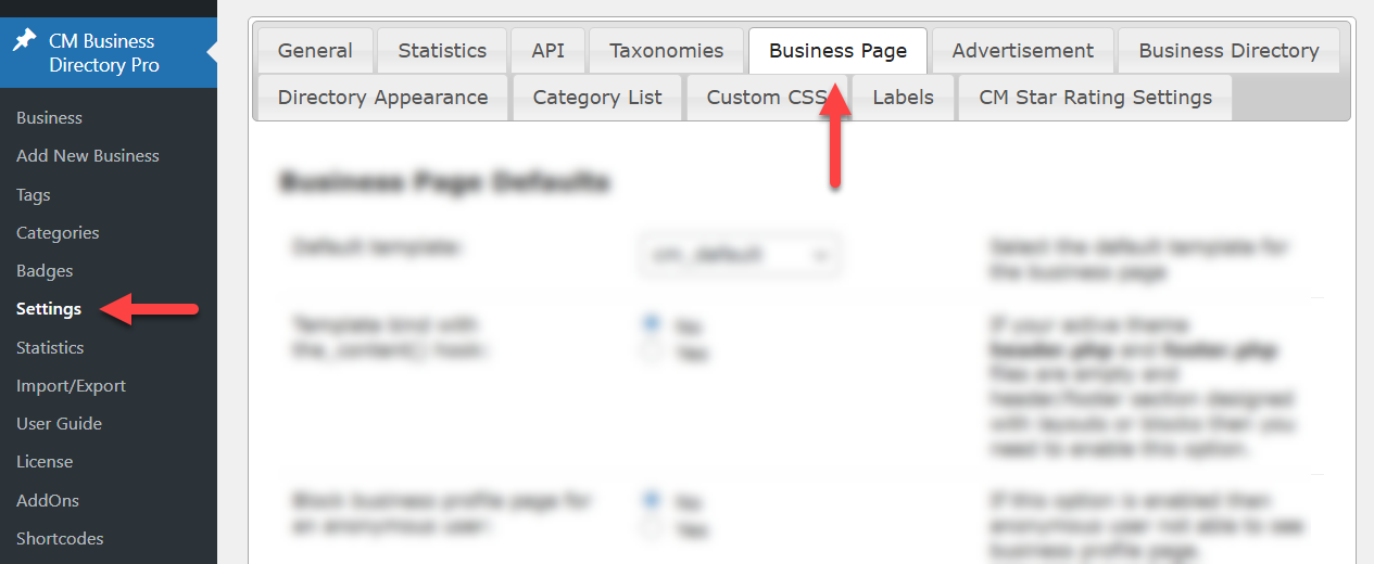 Business page settings - WordPress Business Directory
