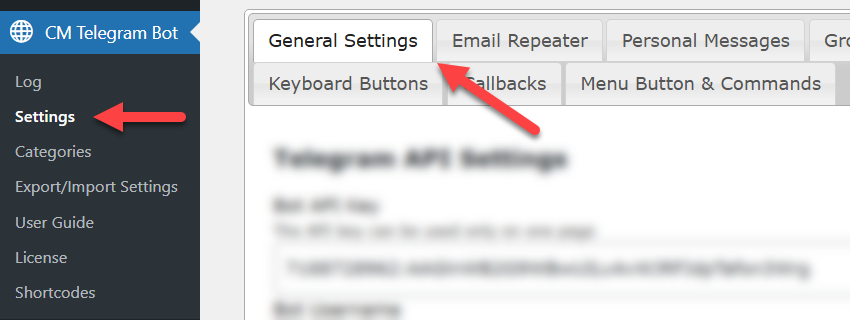 Navigation to general plugin settings - Telegram Group Bot Manager