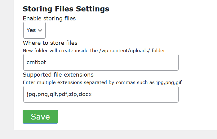 Storing files settings - Telegram Group Bot Manager
