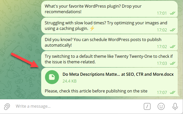 Posting a file to the Telegram group - WordPress Telegram Plugin