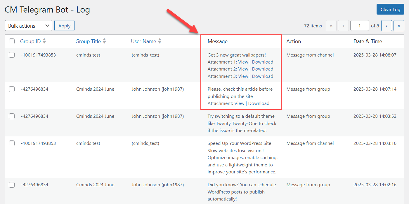 Back-end log - Telegram Group Bot Manager