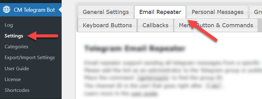 Navigation to email repeater settings - WordPress Telegram Plugin
