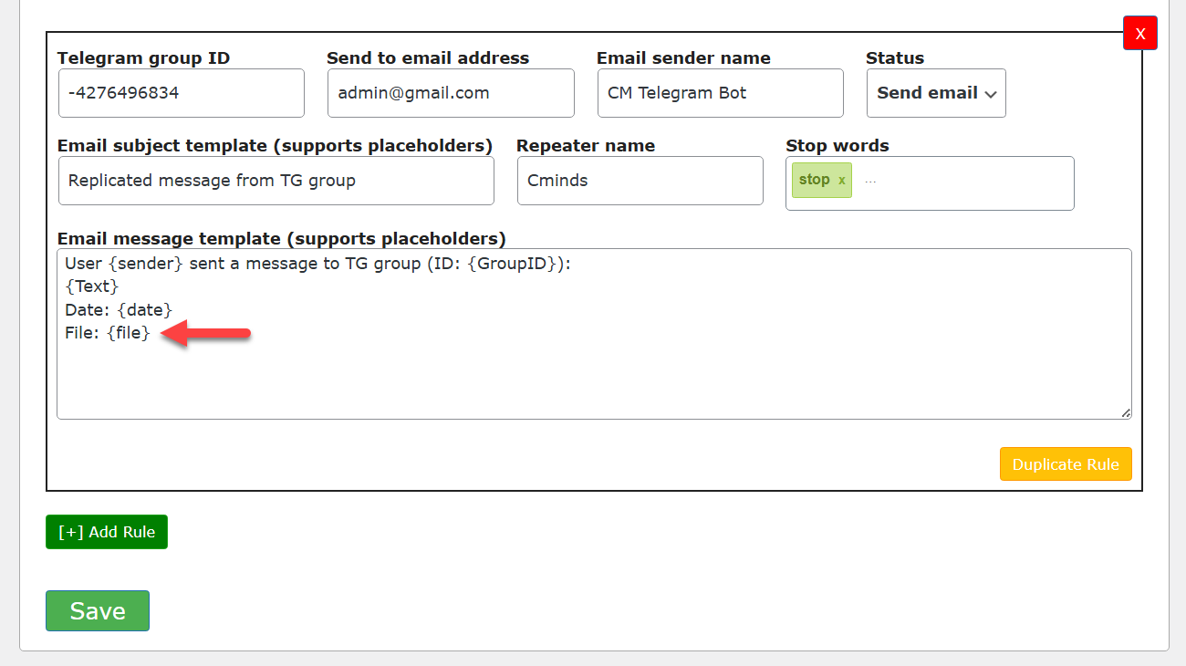 Placeholder for adding files links to email - Telegram WordPress Widget