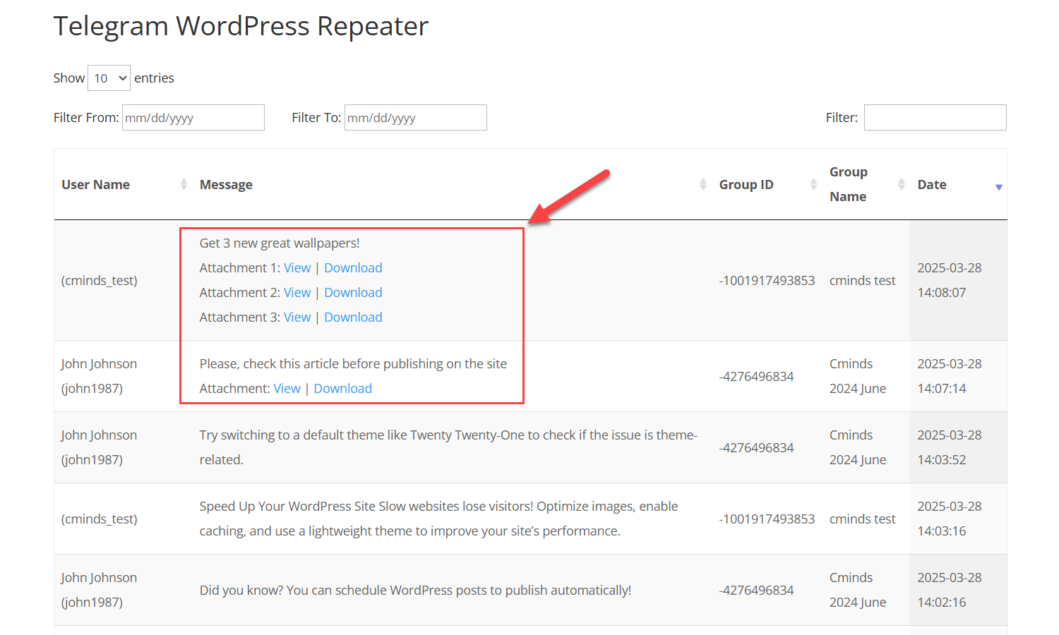 Front-end log example - Telegram Bot Plugin for WordPress