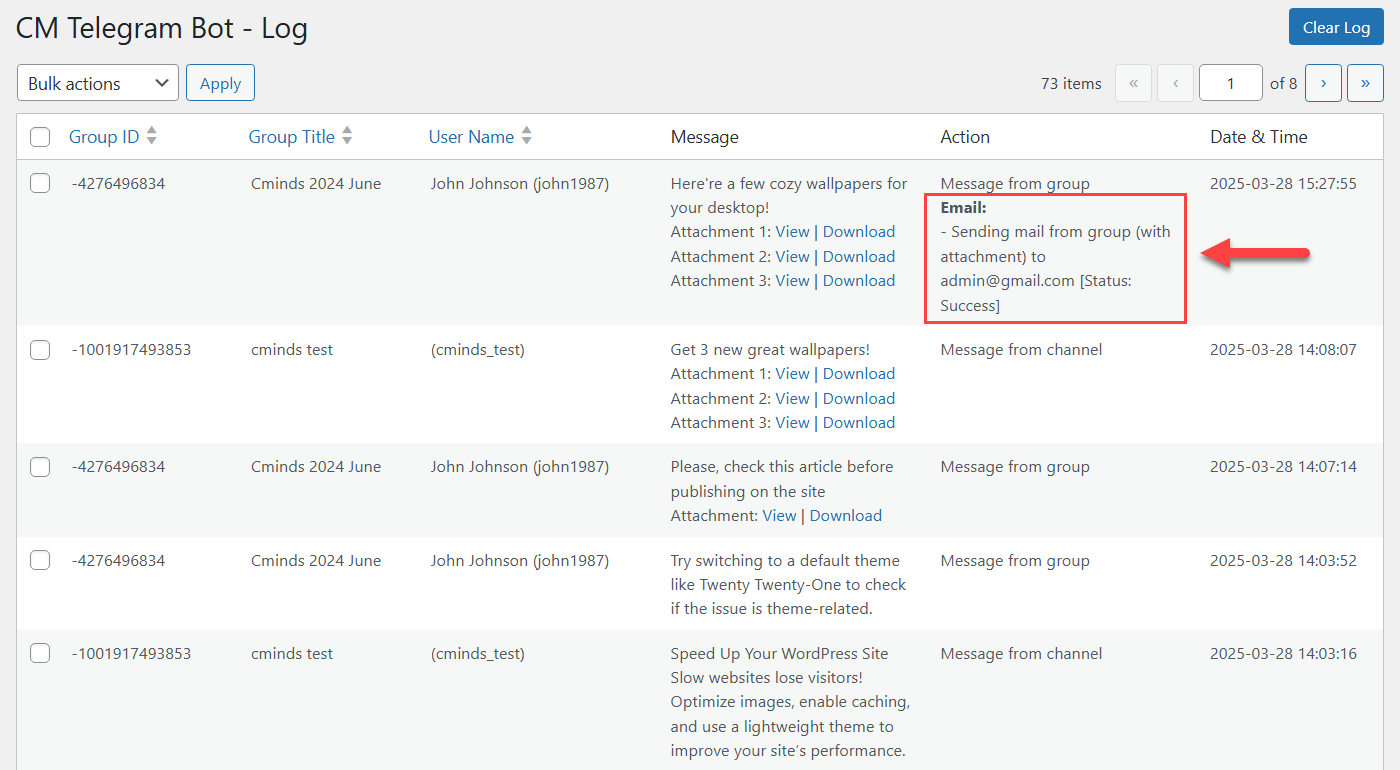 Record about sent email in the back-end log - Telegram Bot Plugin for WordPress