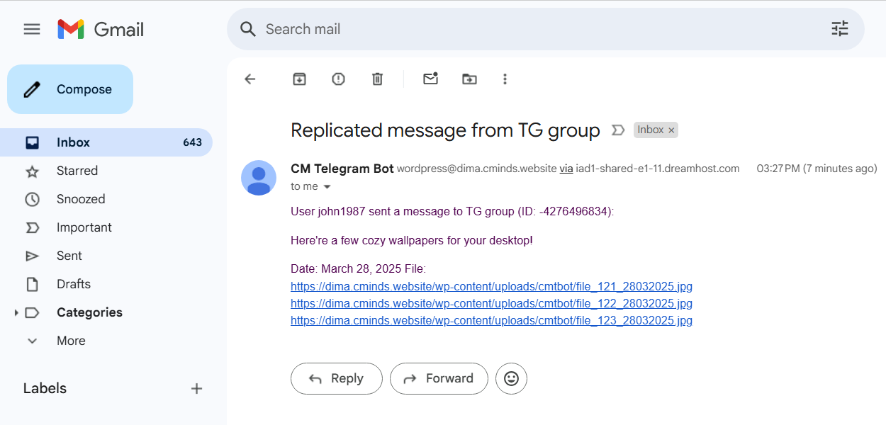 Sending links to files via email - Telegram Plugin for WordPress