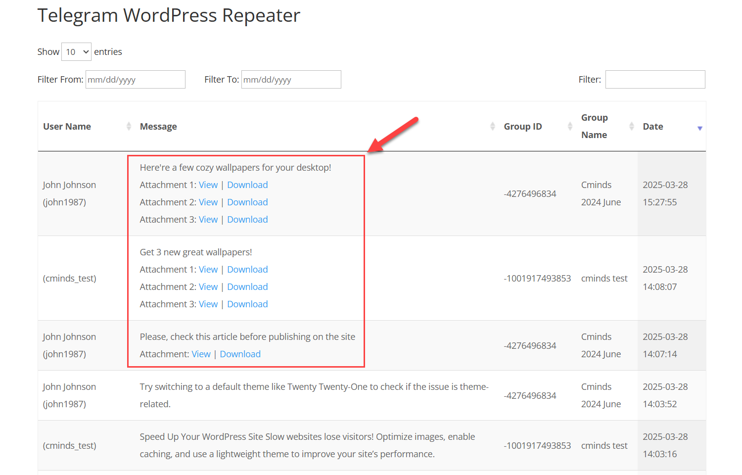 Links to stored files in the front-end log - Telegram WordPress Widget
