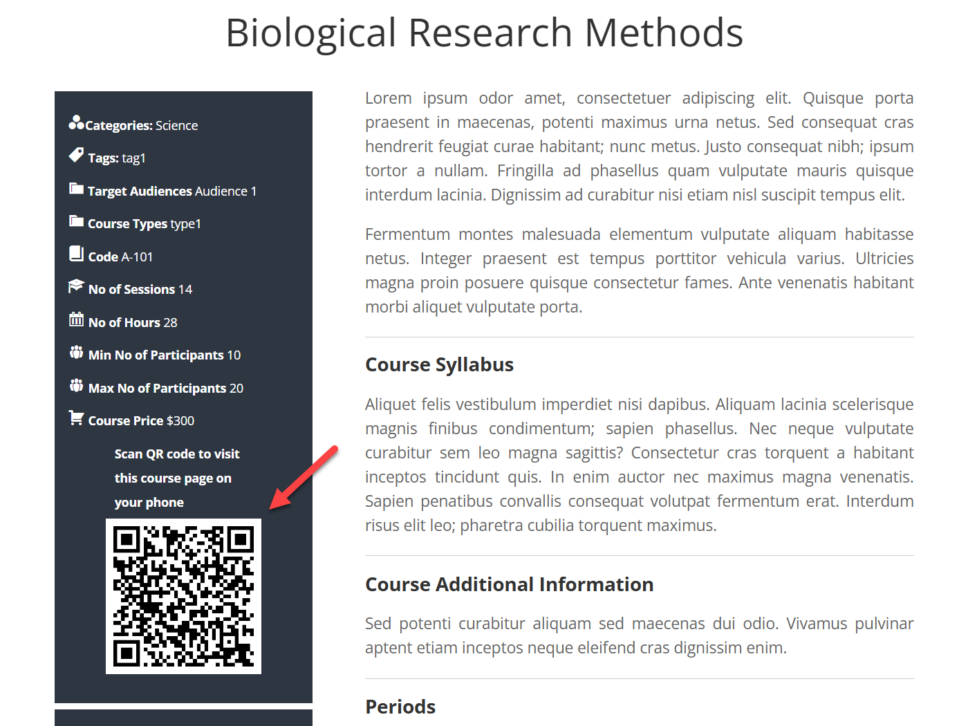 Example of the QR code on the course page on the front-end - WordPress Plugin for Creating Online Courses