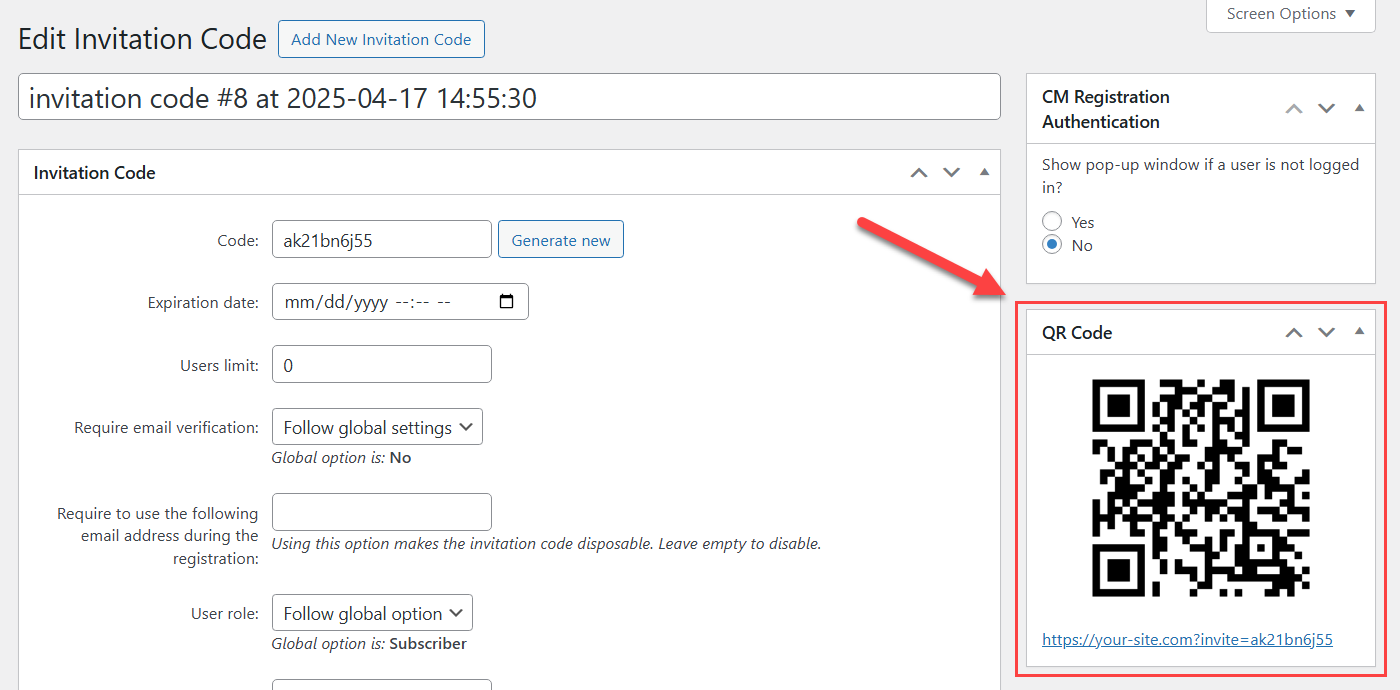QR code on the invitation code editing page - WordPress Login Plugin