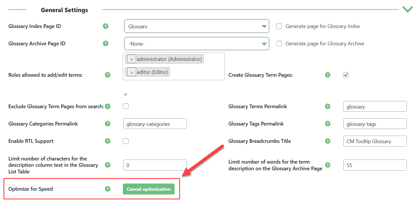 Disabling option for optimization - Glossary Plugin WordPress