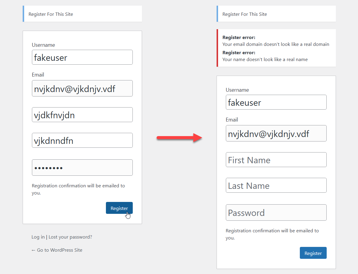 Example of entering fake email and first/last names - WordPress Restrict Email Domains