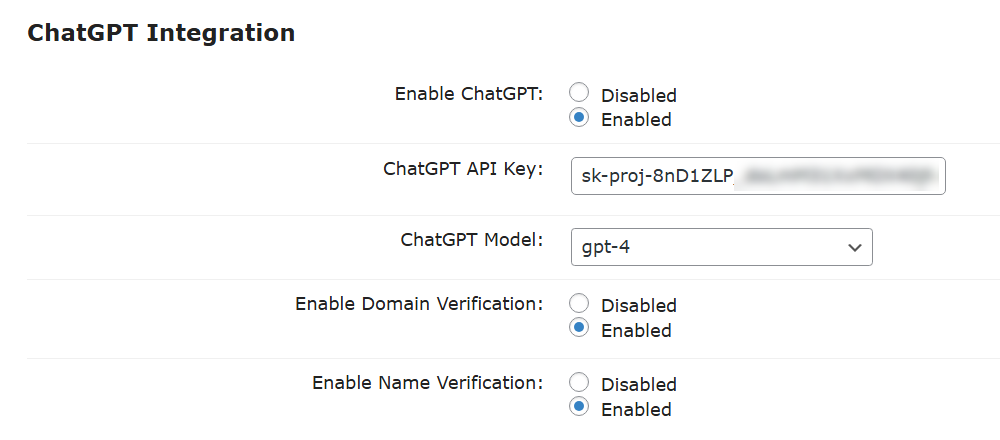 ChatGPT Integration settings - Domain Blacklist Plugin
