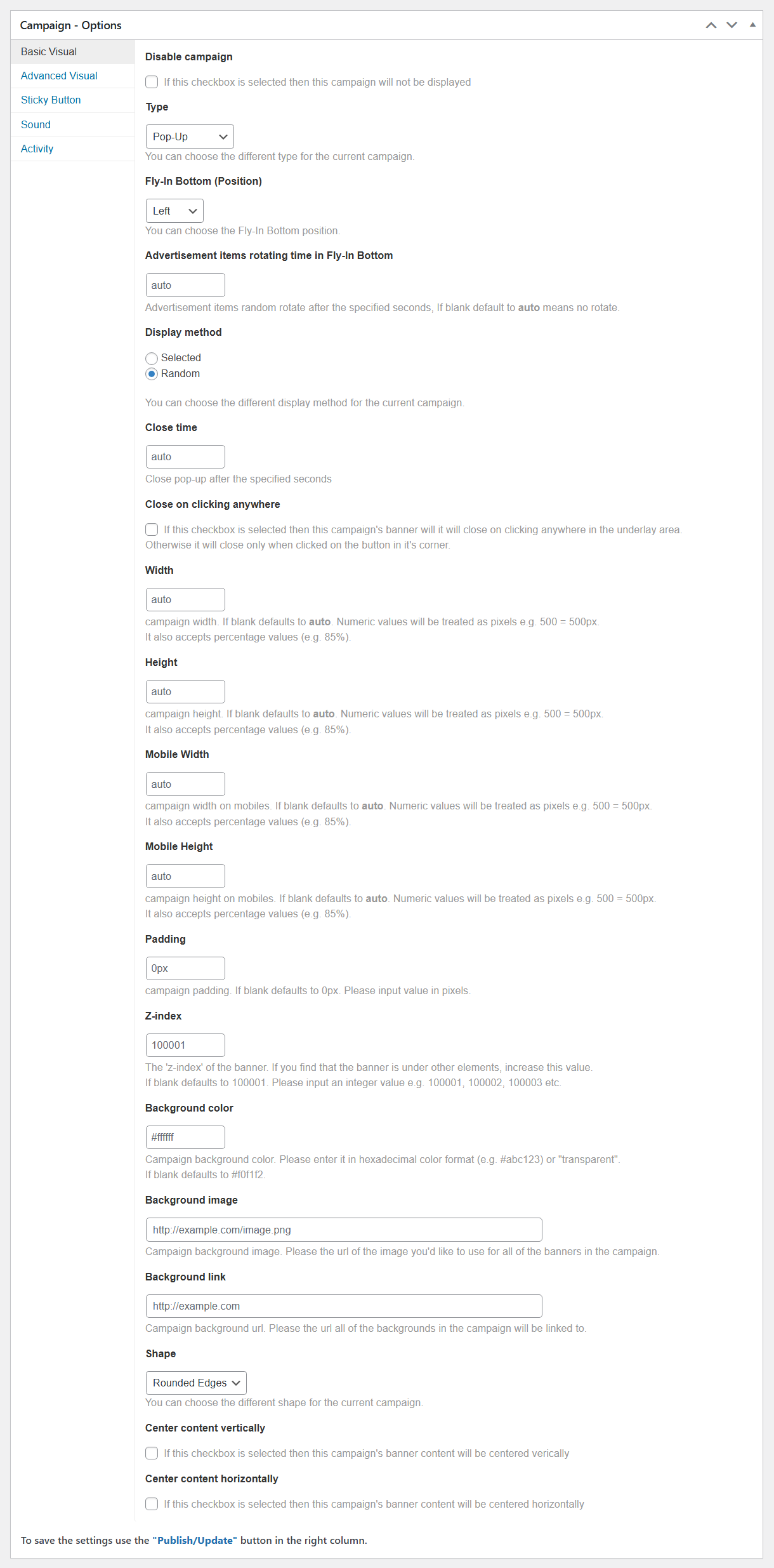 Popup Basic Visual settings - Timed Popup WordPress Plugin