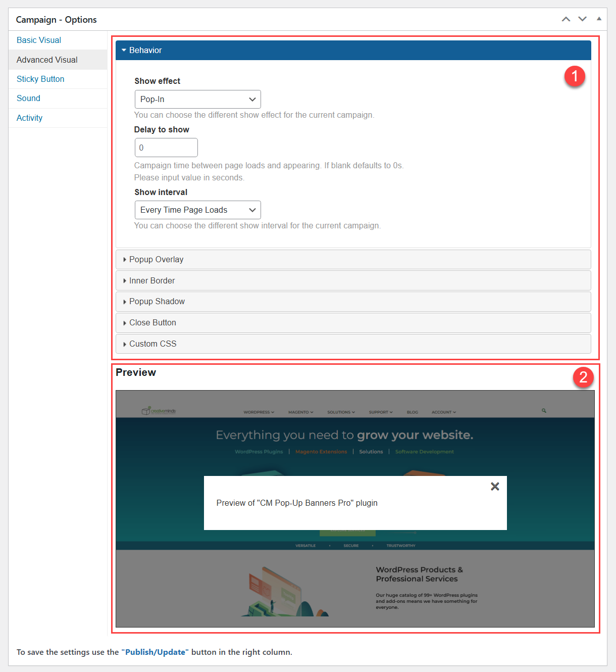 Popup Advanced Visual settings - WordPress Plugin Popup