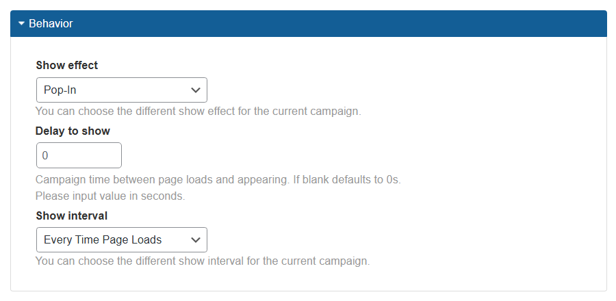 Behavior settings - WordPress Popup Form