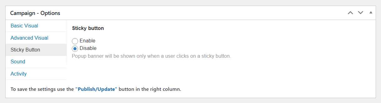 Sticky Button settings - Timed Popup WordPress Plugin