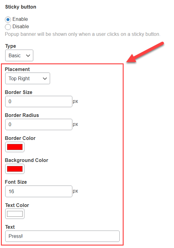 Basic type settings - WordPress Popup Form