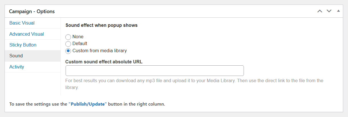 Popup Sound settings - Popup Campaign Plugin