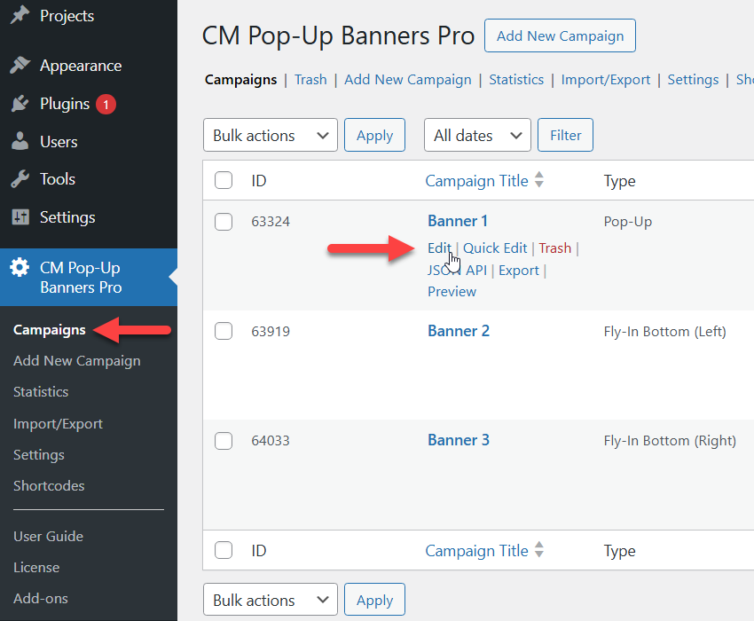 Editing a popup campaign - Popup Campaign Plugin
