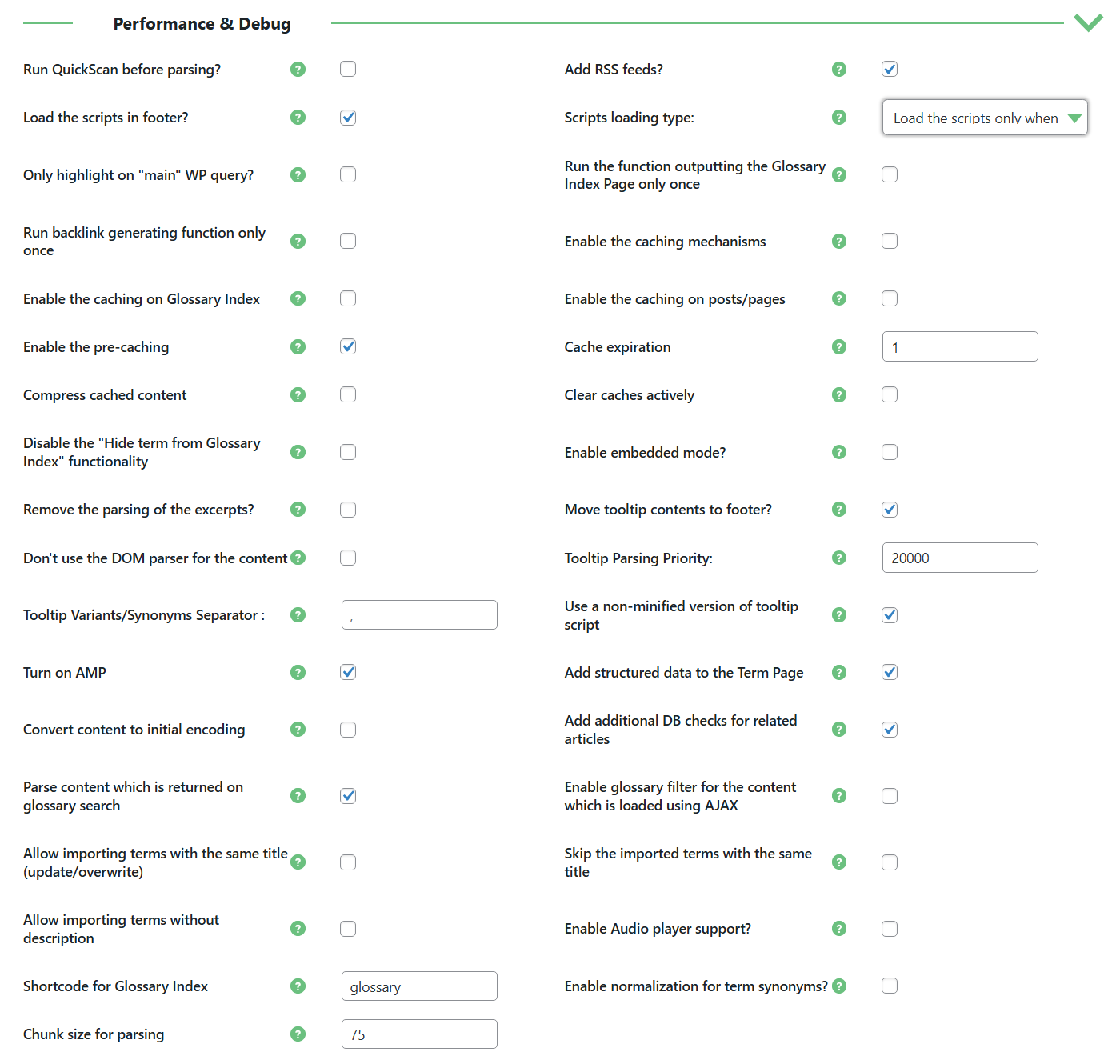 Performance & debug settings - WordPress Glossary Plugin