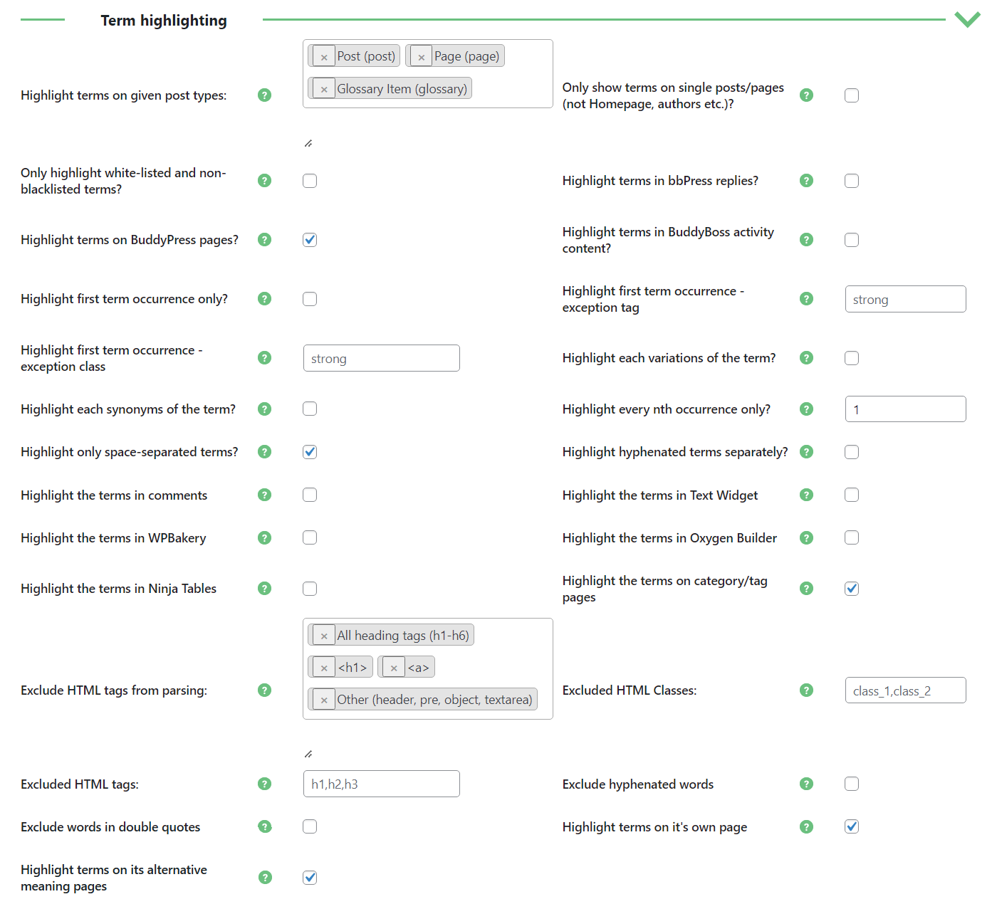 Term highlighting settings - Tooltip WordPress Plugin