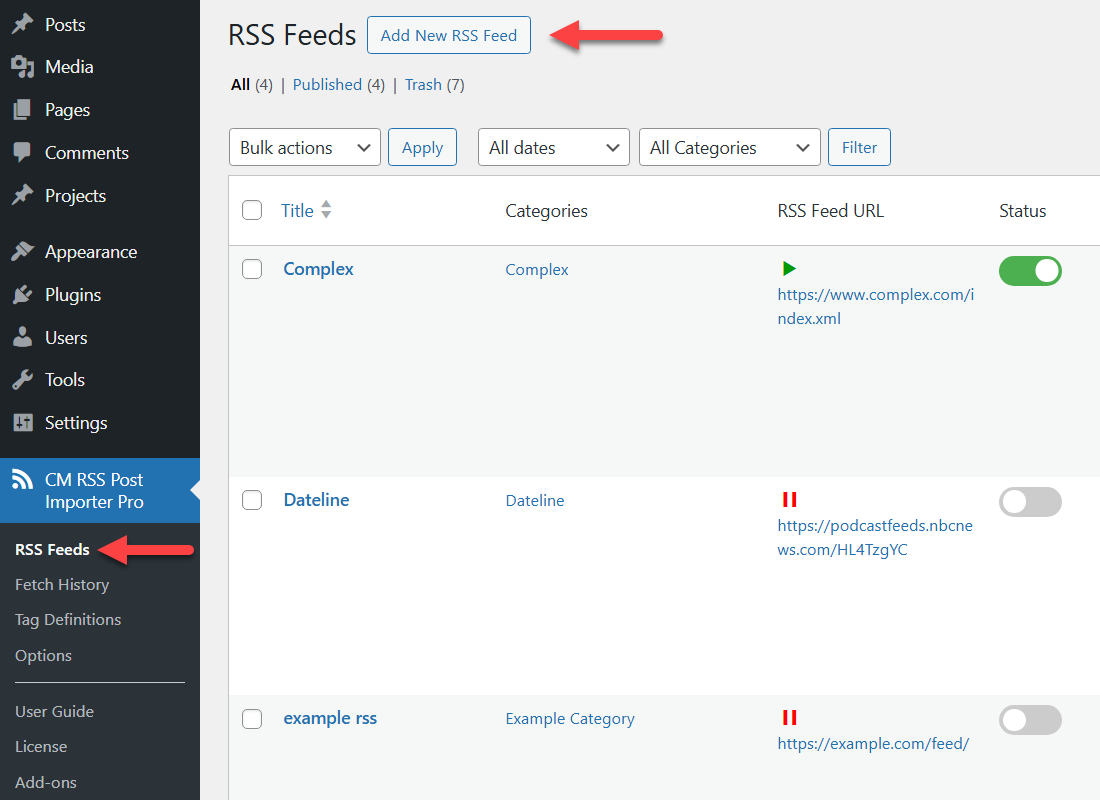 Adding new RSS feed - RSS Feed Importer WordPress Plugin