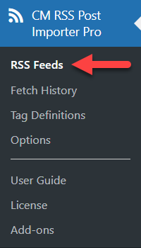 Navigation to the RSS Feeds dashboard - RSS Feed Importer WordPress Plugin