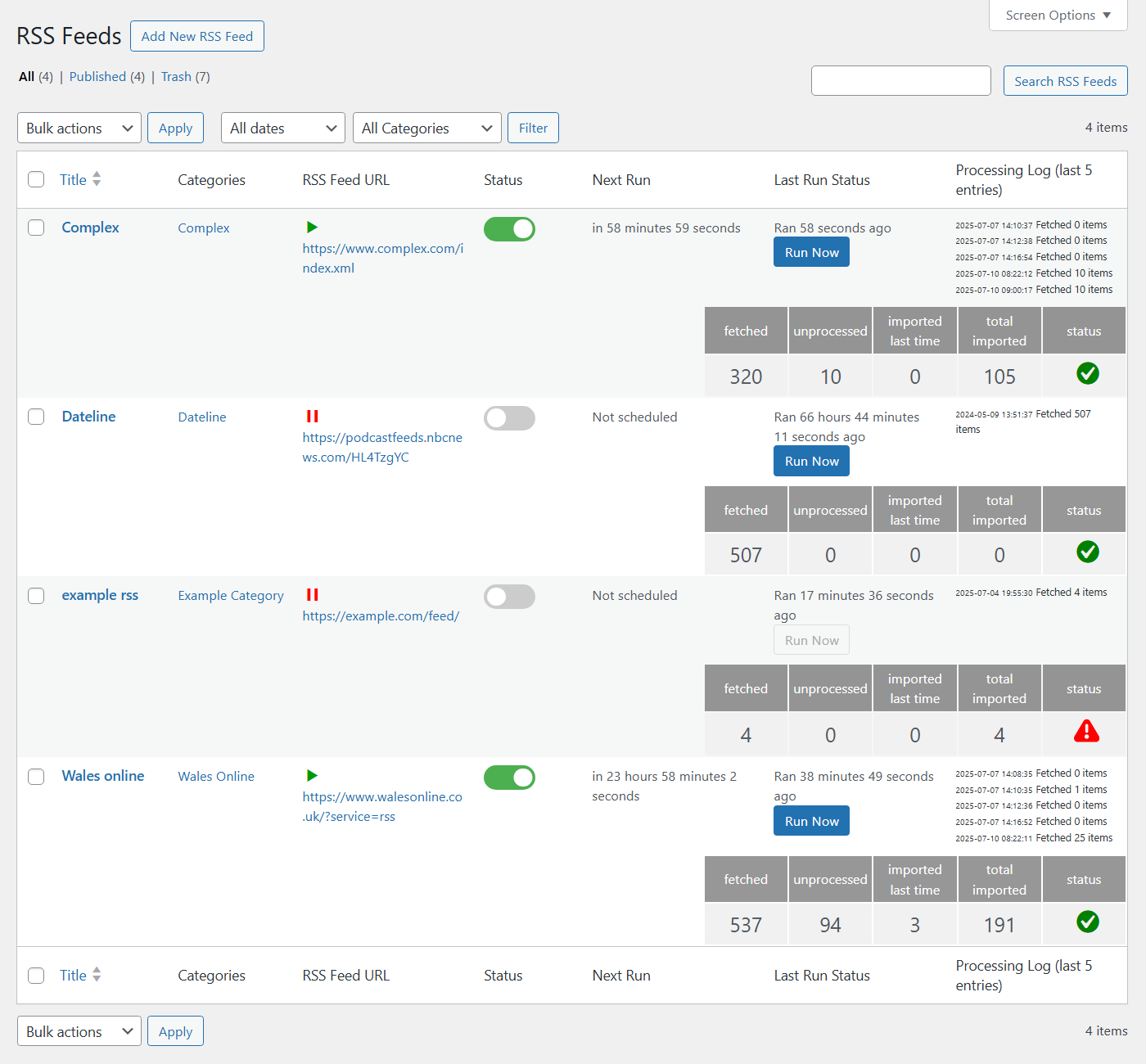 RSS Feeds dashboard - RSS Importer WordPress
