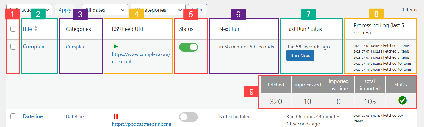 Table columns - RSS Feeds Importer Plugin