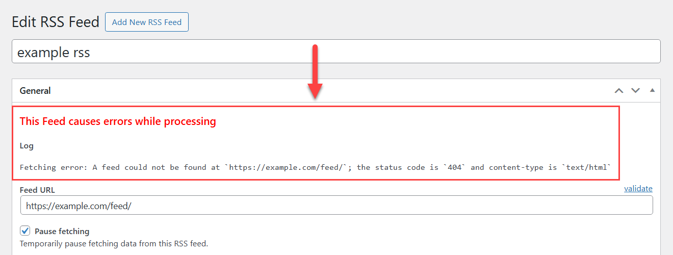 Example of the error - WordPress RSS Multi Importer Plugin